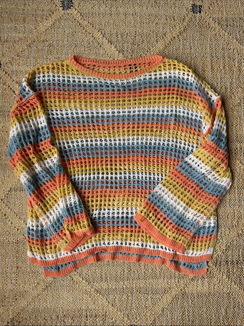 Cupshe Striped Open-Knit Crop Top in Coral, Mustard & Blue